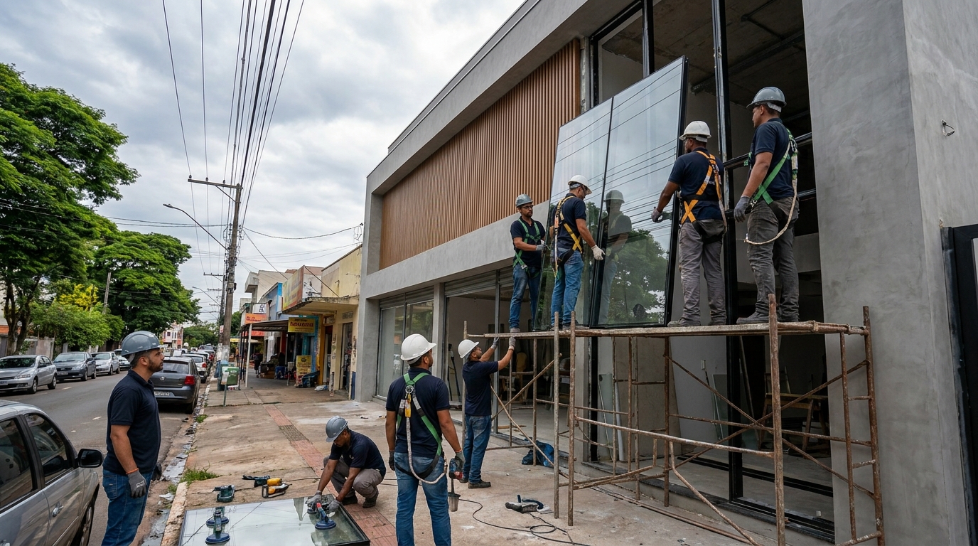 Fachada de vidro com andaime lateral em Ponta Grossa-PR