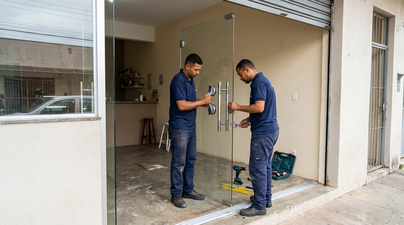 Dupla instalando porta de vidro em loja em Ponta Grossa-PR