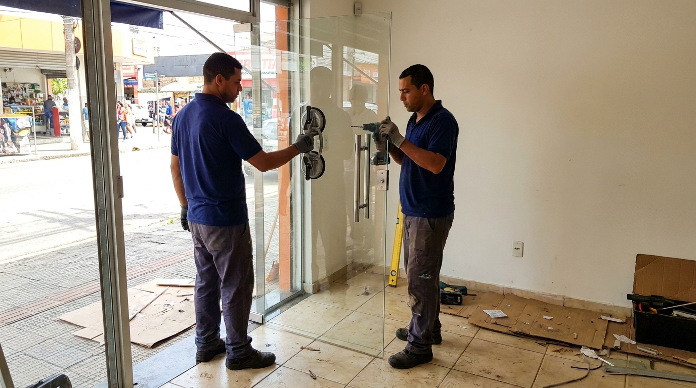 Porta de vidro de loja em rua movimentada em Ponta Grossa-PR